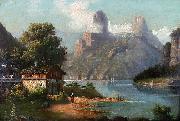 August Peters Cottage with lake and mountains oil painting
